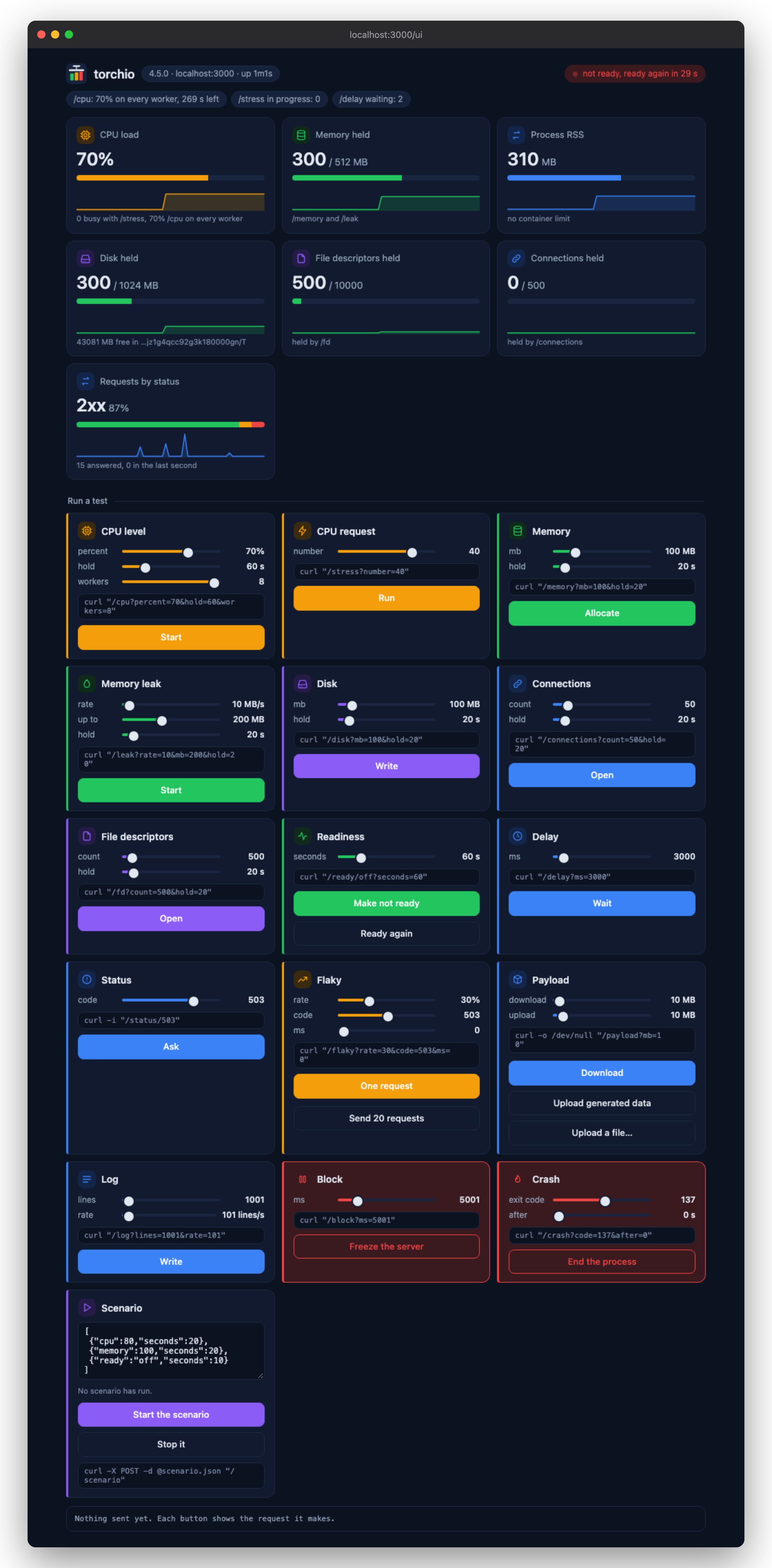 The torchio control panel: gauges with history for workers, memory, process RSS, disk, descriptors and requests, and a card for each test